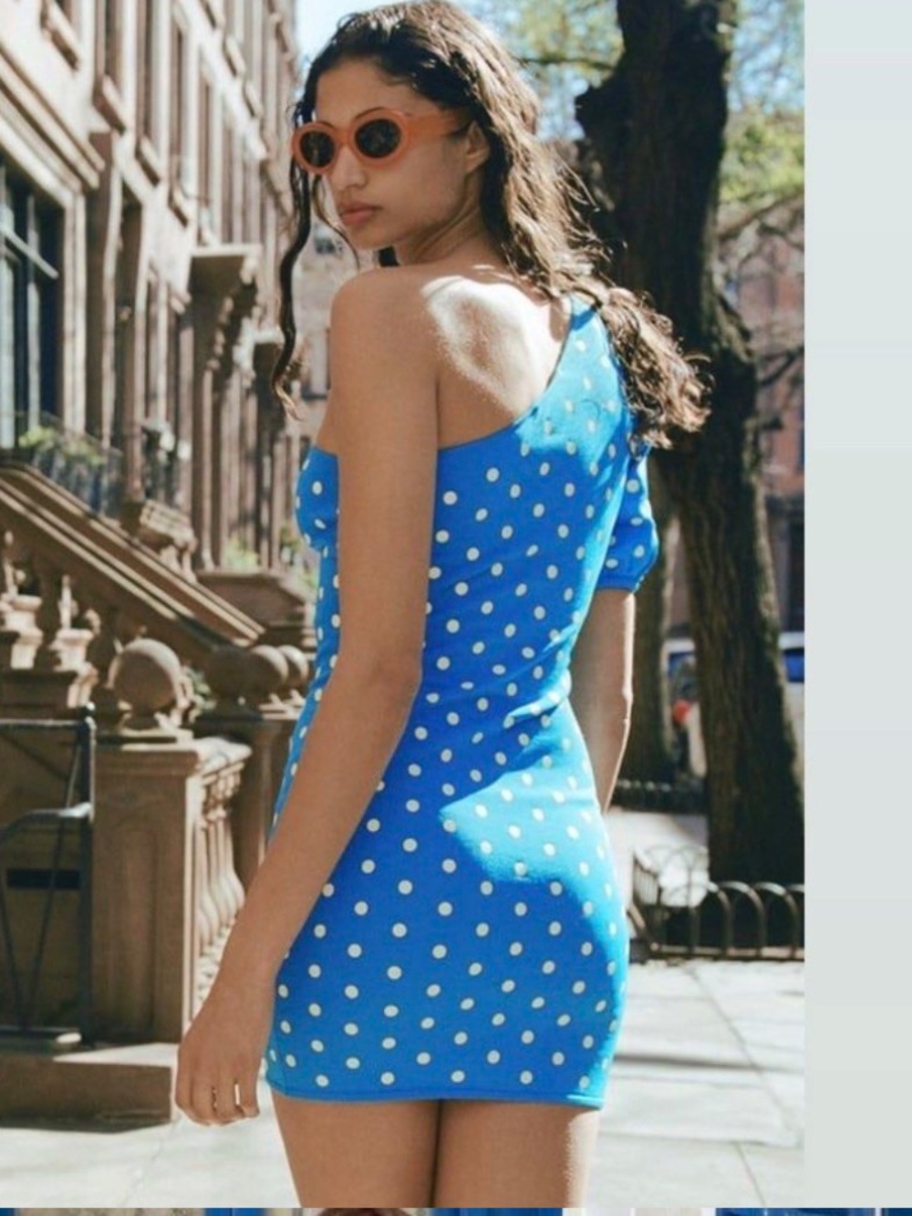 Zara Blue One-Shoulder Polka Dot Dress with White Dots